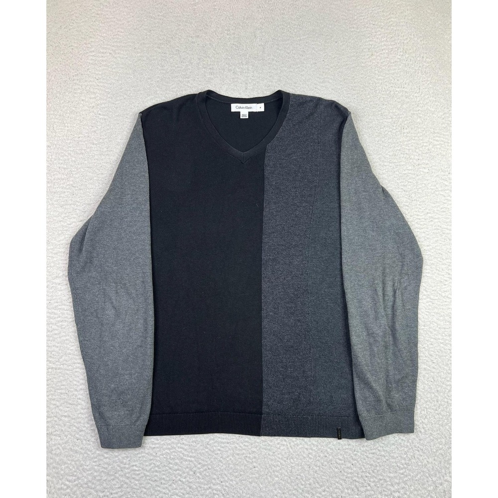 Calvin Klein Sweater Mens Medium Black Gray V-Neck Colorblock Cotton Modal Knit